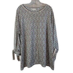 Max Studio Boho Tunic Womens 3X White Pink Blue Floral 3/4 Ruched Tie Sleeves